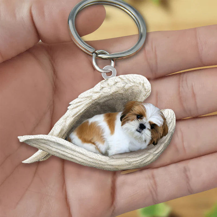 Sleeping Angel Acrylic Keychain Gold White Shih Tzu