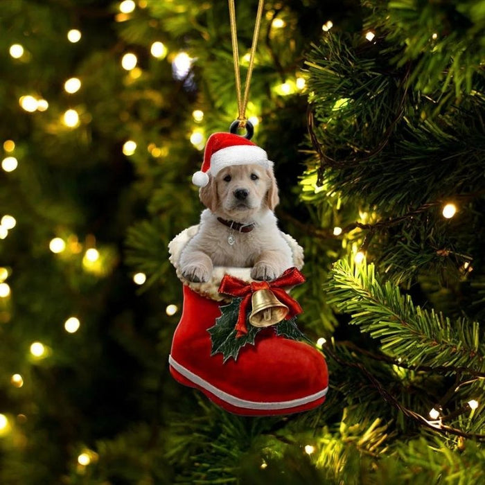 Golden Retriever Dog In Santa Boot Christmas Hanging Ornament SB001