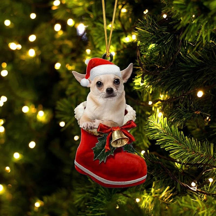 Cream Chihuahua In Santa Boot Christmas Hanging Ornament SB029