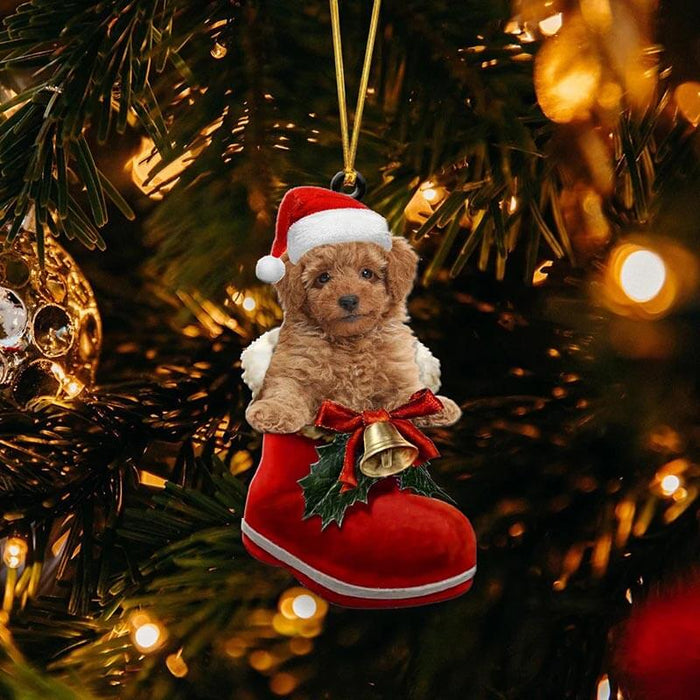 Brown Poodle In Santa Boot Christmas Hanging Ornament SB046