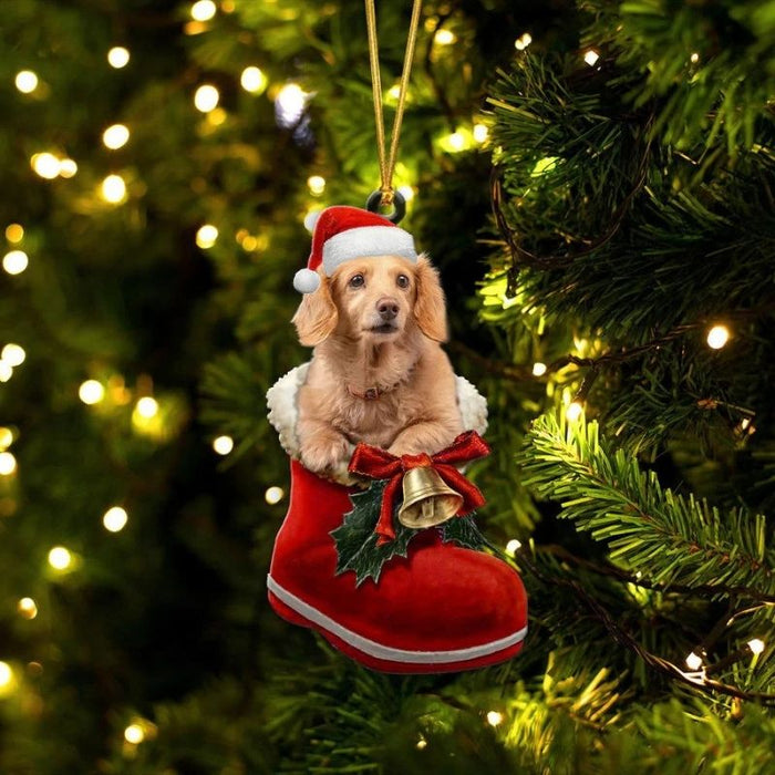 Dachshund Cream In Santa Boot Christmas Hanging Ornament SB187