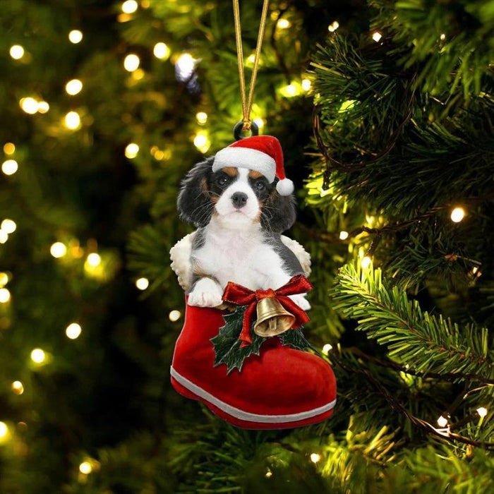 Cavalier King Charles Spaniel Tri-color In Santa Boot Christmas Hanging Ornament SB191