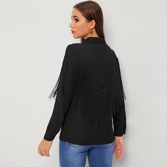 Harriet Chevron Fringe Blouse - Black