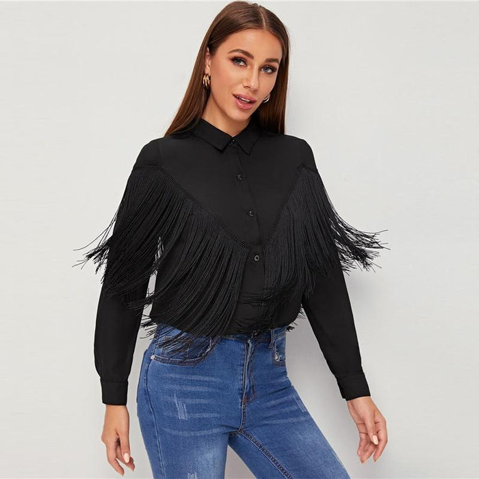 Harriet Chevron Fringe Blouse - Black