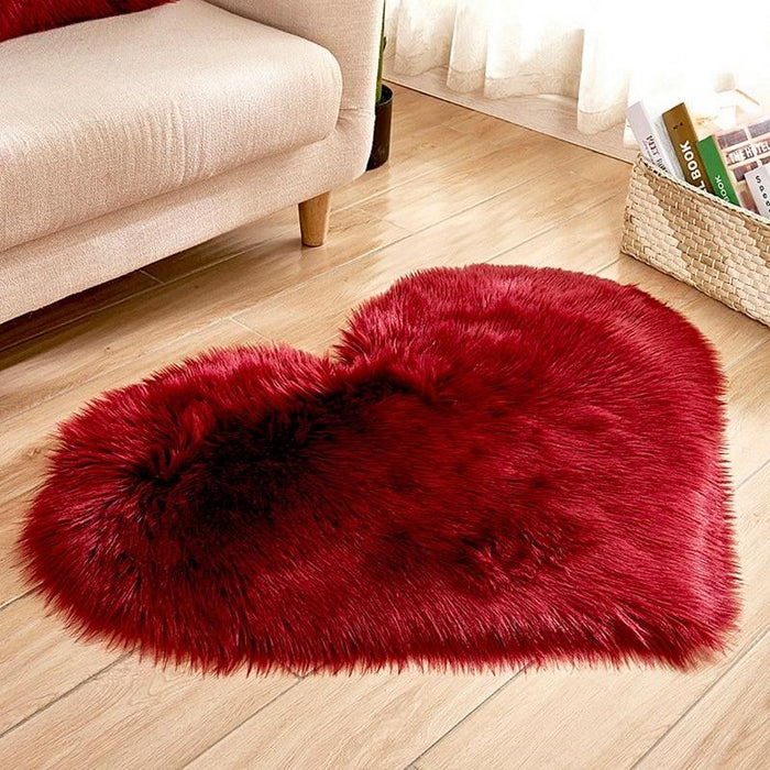 Dark Red Fluffy Heart Rug